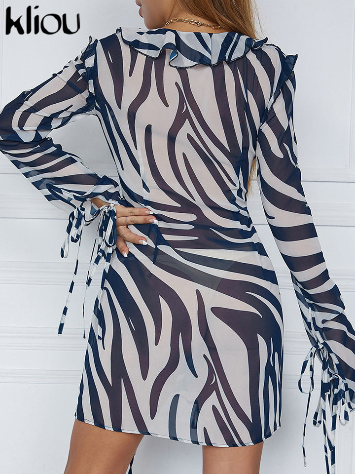 Damen transparentes Strandkleid mit Rüschendetails und bindbaren Ärmeln Drune
