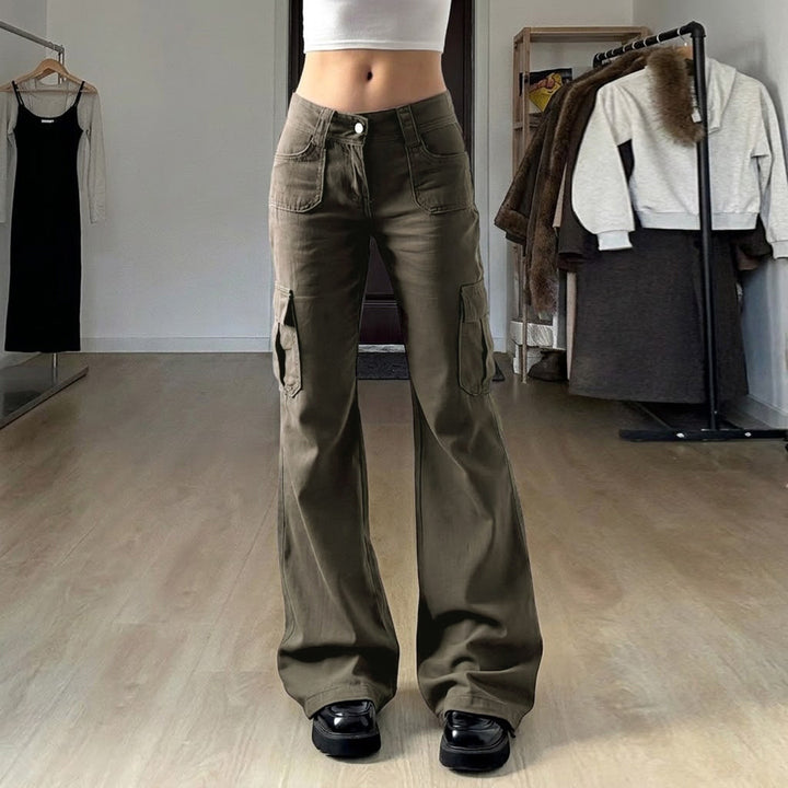Damen nan Cargo-Flared-Hose mit hochgeschnittener Taille, aufgesetzten Beintaschen und ausgestelltem Bein Drune