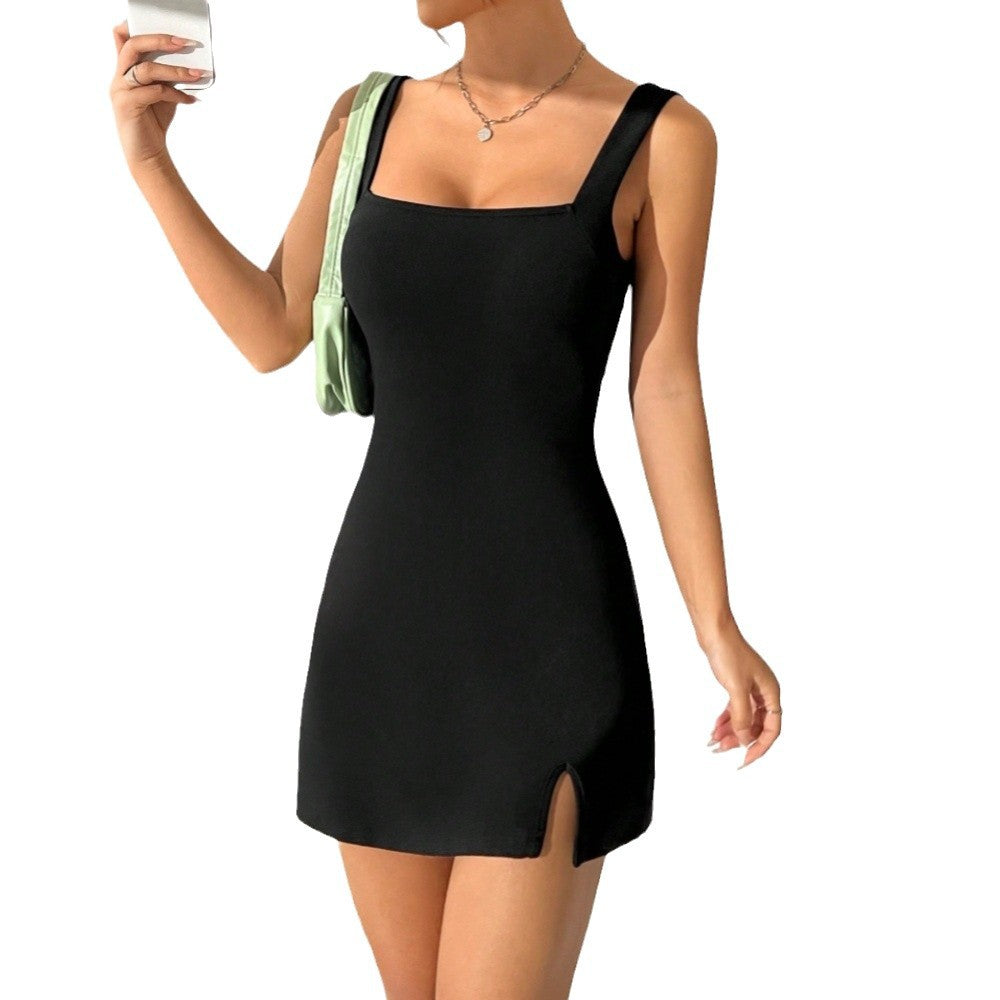Damen Minikleid mit Quadrat-Ausschnitt und seitlichem Schlitz Drune