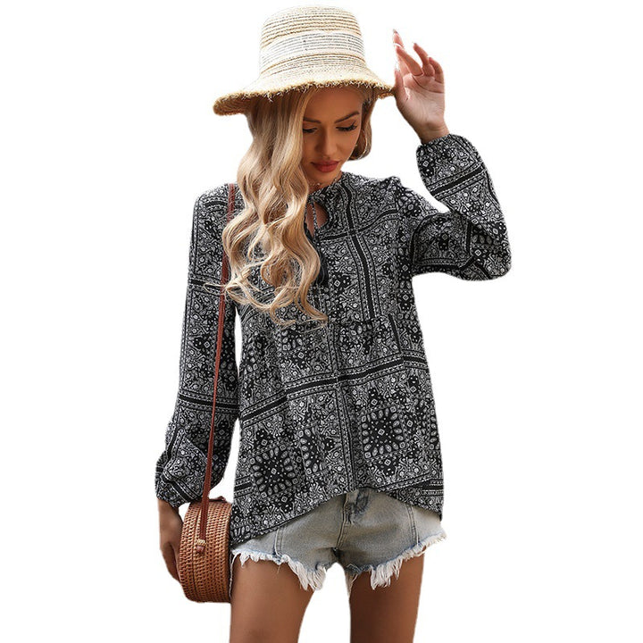 Damen lässige Bluse mit verspieltem Muster und elegantem V-Ausschnitt Drune