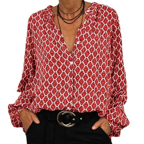 Damen Bluse mit geometrischem Druck und modischem Stehkragen Drune