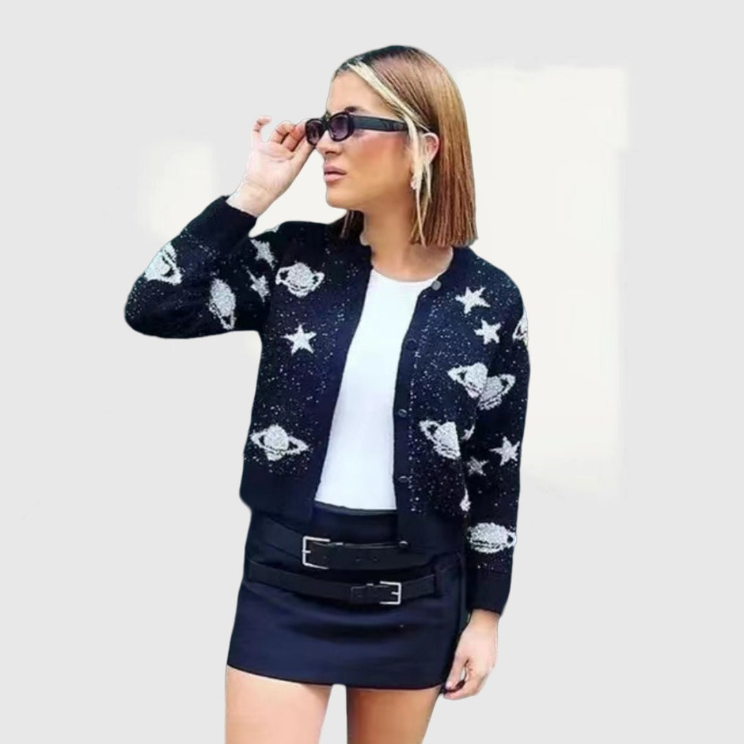 Damen modische Strickjacke mit auffälligem Sternen- und Planetenmotiv Drune