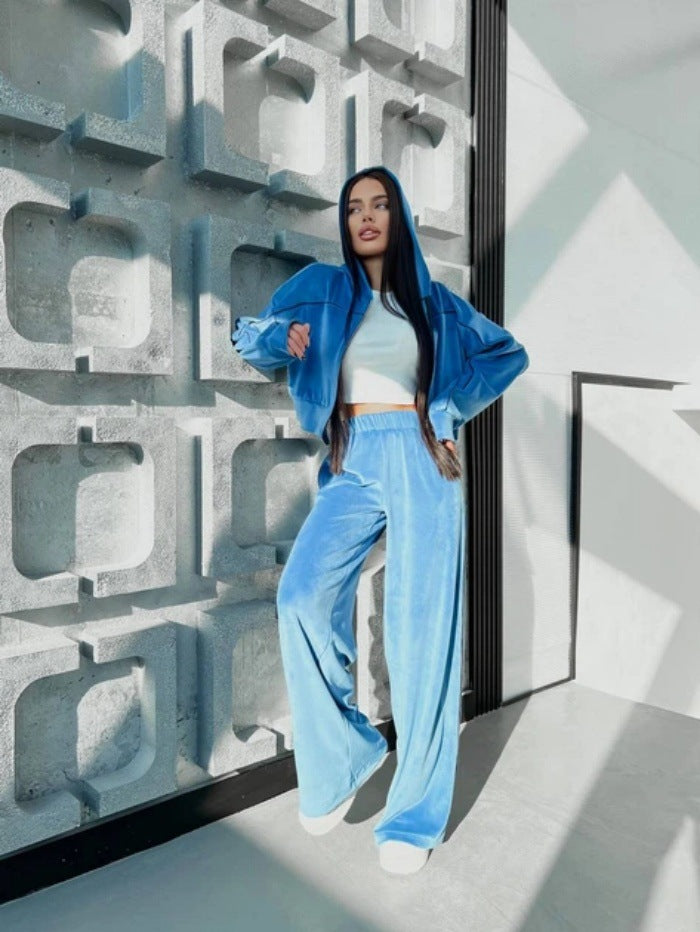 Damen Sportliches Velours-Loungewear-Set mit kurzem Hoodie und weitem Bein Drune