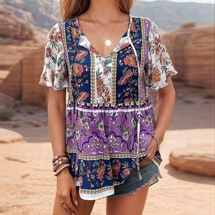 Damen Boho-Tunika mit floralem Muster und luftigen Ärmeln Drune