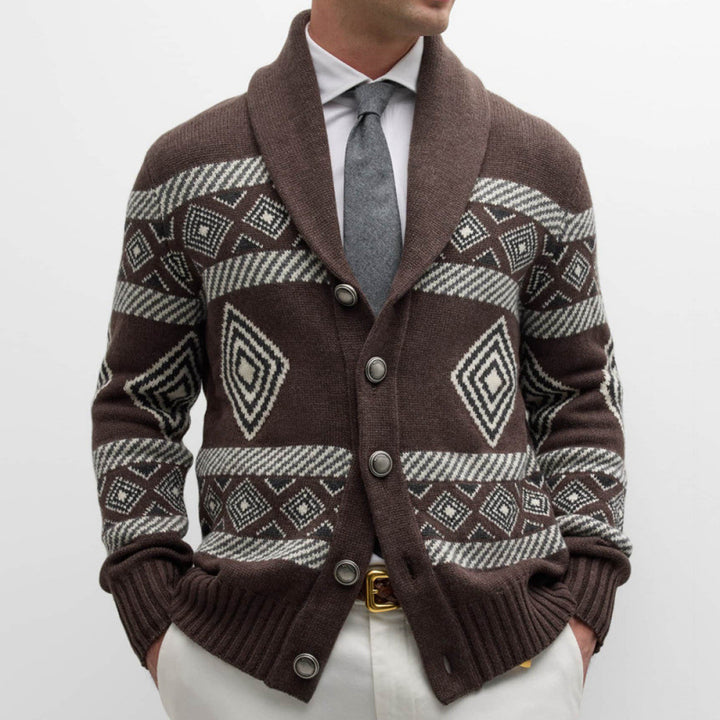 Herren Strickjacke mit modernem grafischen Muster und klassischem Kragen Drune