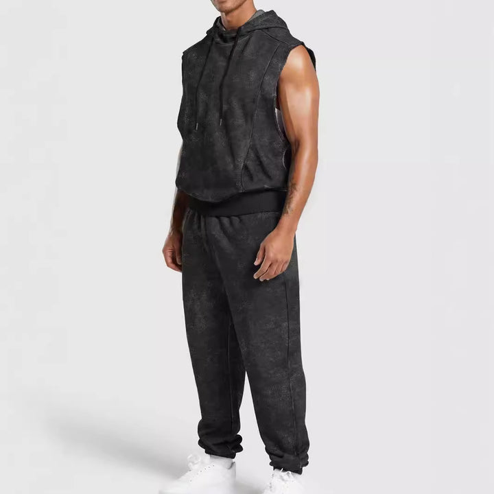 Herren nan ärmelloses Kapuzensweat-Set in Veloursoptik mit elastischer Jogginghose und gerippten Abschlüssen Drune
