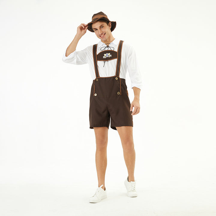 Herren nan Oktoberfest-Kurzlederhose mit verstellbaren Trägern, Zierknöpfen und besticktem Brustlatz Drune