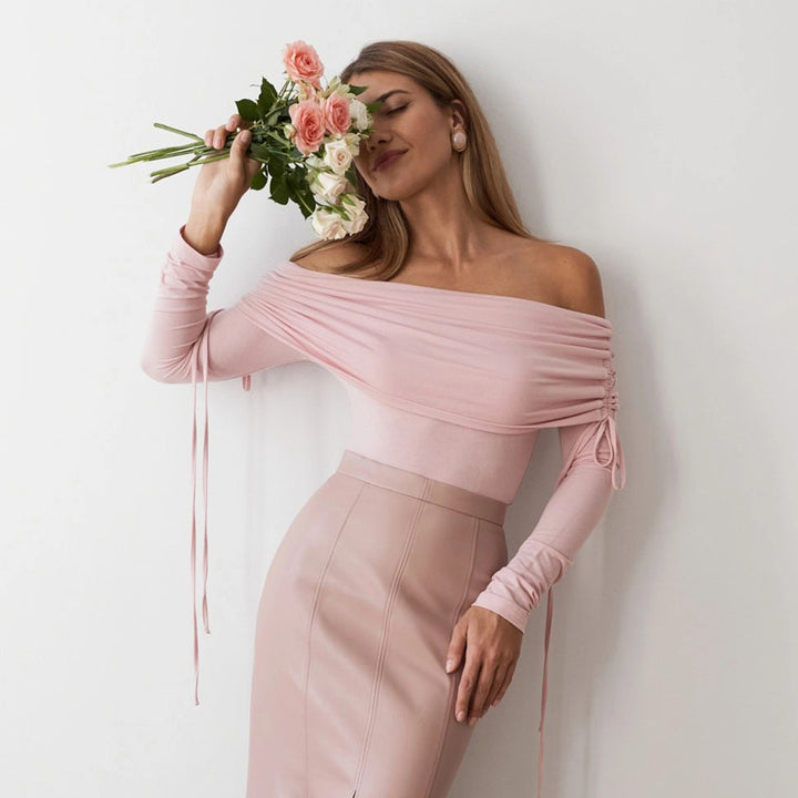 Damen Off-Shoulder Bluse mit Raffungen und langen Ärmeln Drune