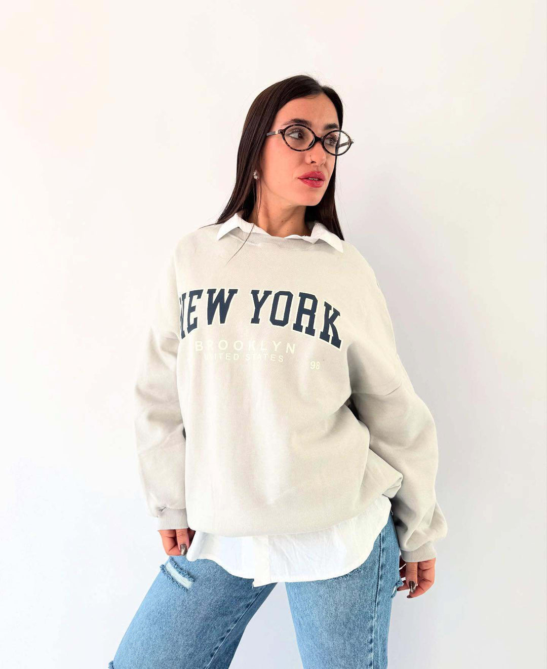 Damen lässiger Sweatshirt mit kreativem New York Print und oversized Schnitt Drune