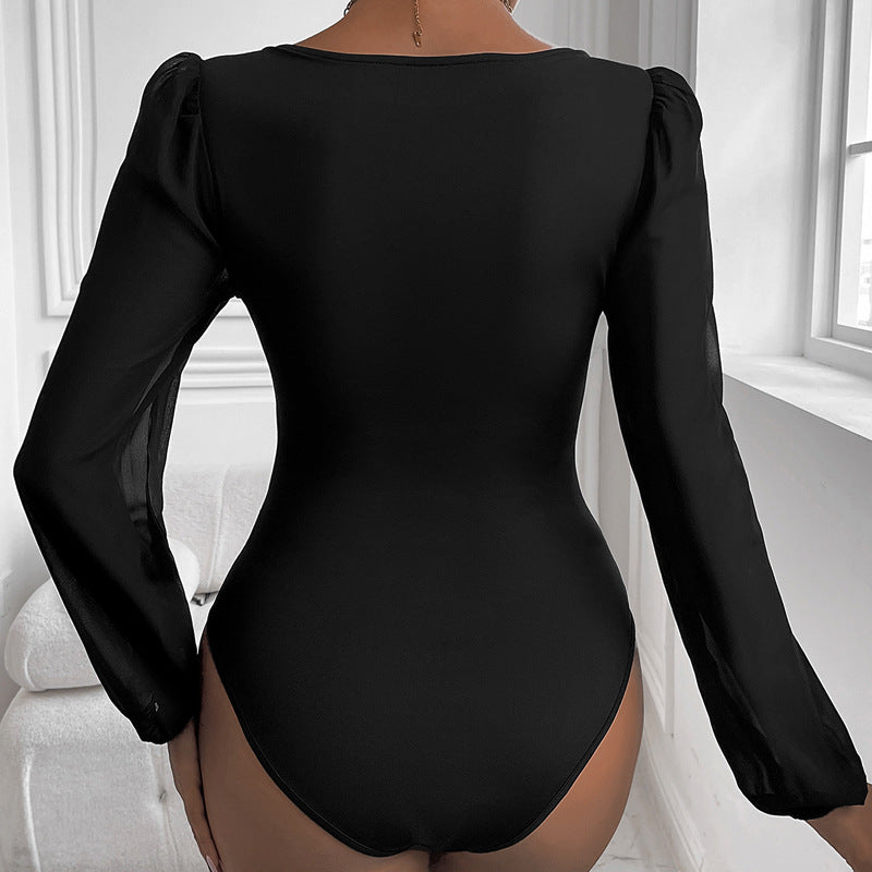 Damen Body mit eleganten Puffärmeln und tiefem V-Ausschnitt Drune