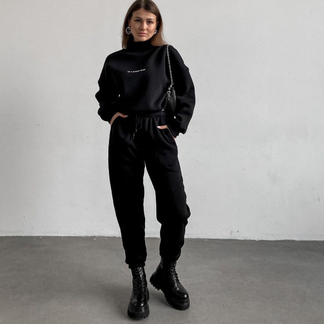 Damen lässiges Freizeit-Sweatset mit hohem Kragen und weiten Ärmeln Drune