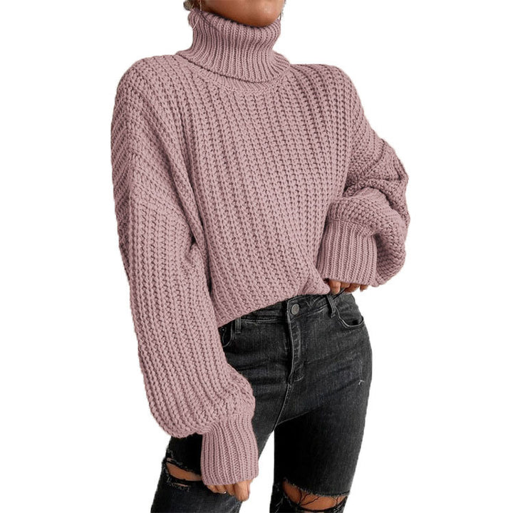 Damen Grob gestrickter Pullover mit hohem Kragen und weit ausgestellten Ärmeln Drune