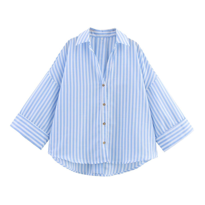 Damen nan oversized Streifen-Hemdbluse mit überschnittener Schulter, 3/4-Ärmel und verlängertem Rückensaum Drune