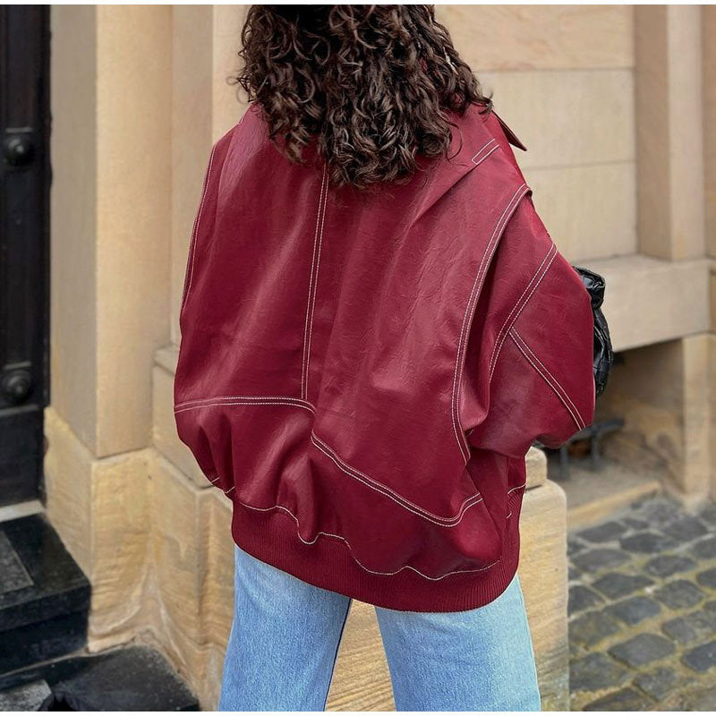 Damen modische Kunstlederjacke mit auffälligem Kragen Drune