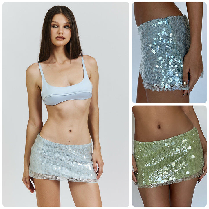 Damen Bikiniset mit schimmerndem Paillettenrock und sportlichem Oberteil Drune