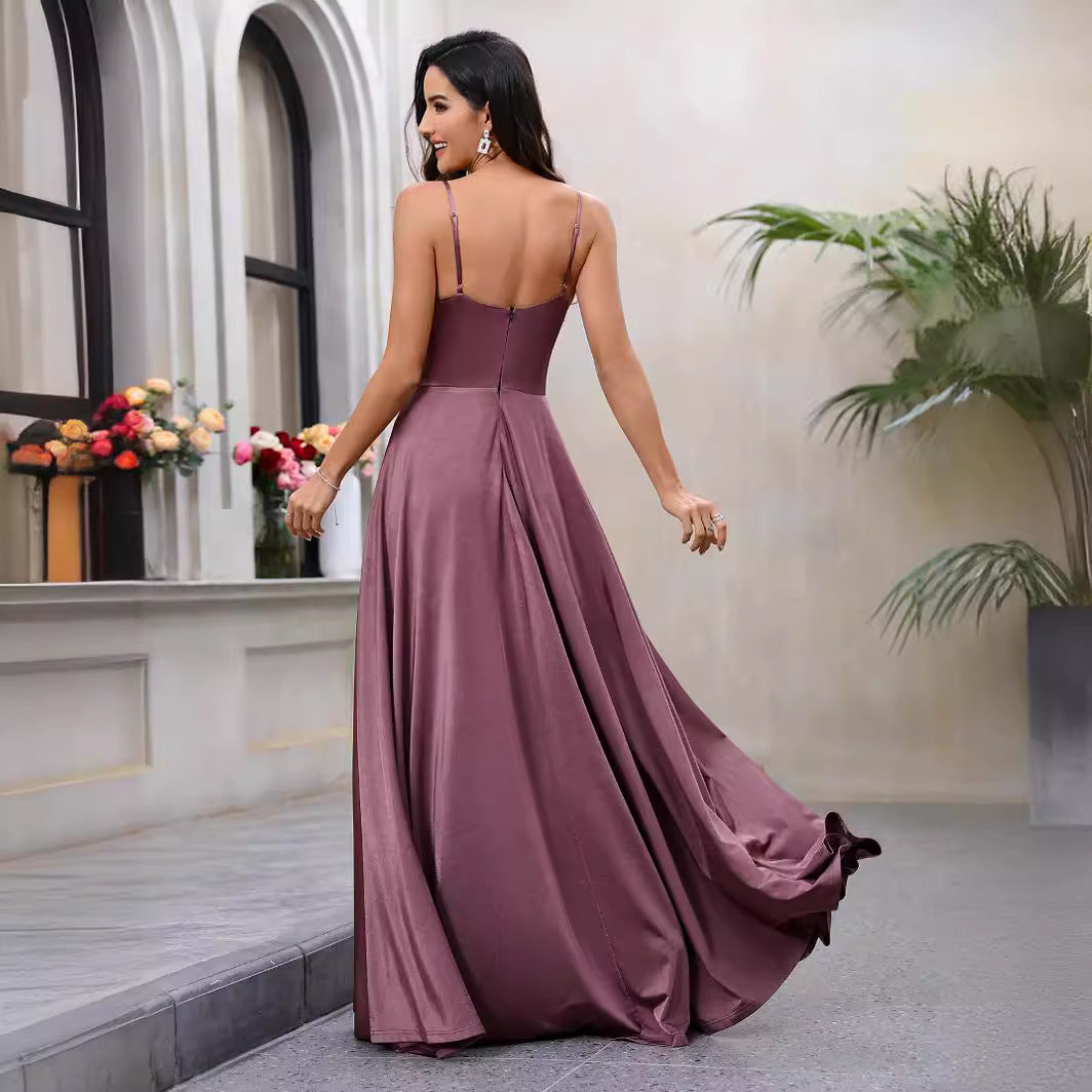 Damen Maxikleid aus fließendem Satin mit eleganter Frontwicklung Drune
