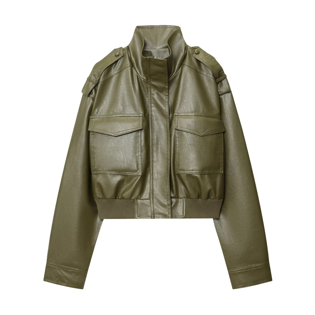 Damen cropped Kunstlederjacke mit praktischen Taschen und Stehkragen Drune
