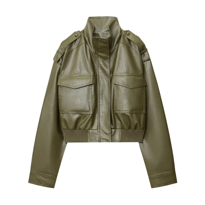 Damen cropped Kunstlederjacke mit praktischen Taschen und Stehkragen Drune
