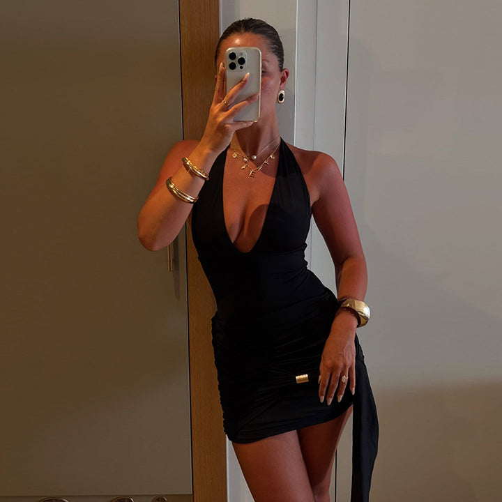 Damen stilvolles Wickelkleid mit Deep-V-Ausschnitt und Taillierungsdetails Drune