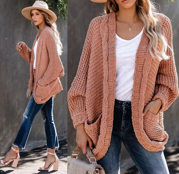 Damen Grobstrick-Cardigan mit lässigen Taschen und voluminösen Ärmeln Drune