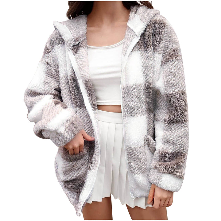 Damen nan dicke Karo-Teddyjacke mit Kapuze, Frontreißverschluss und aufgesetzten Taschen Drune