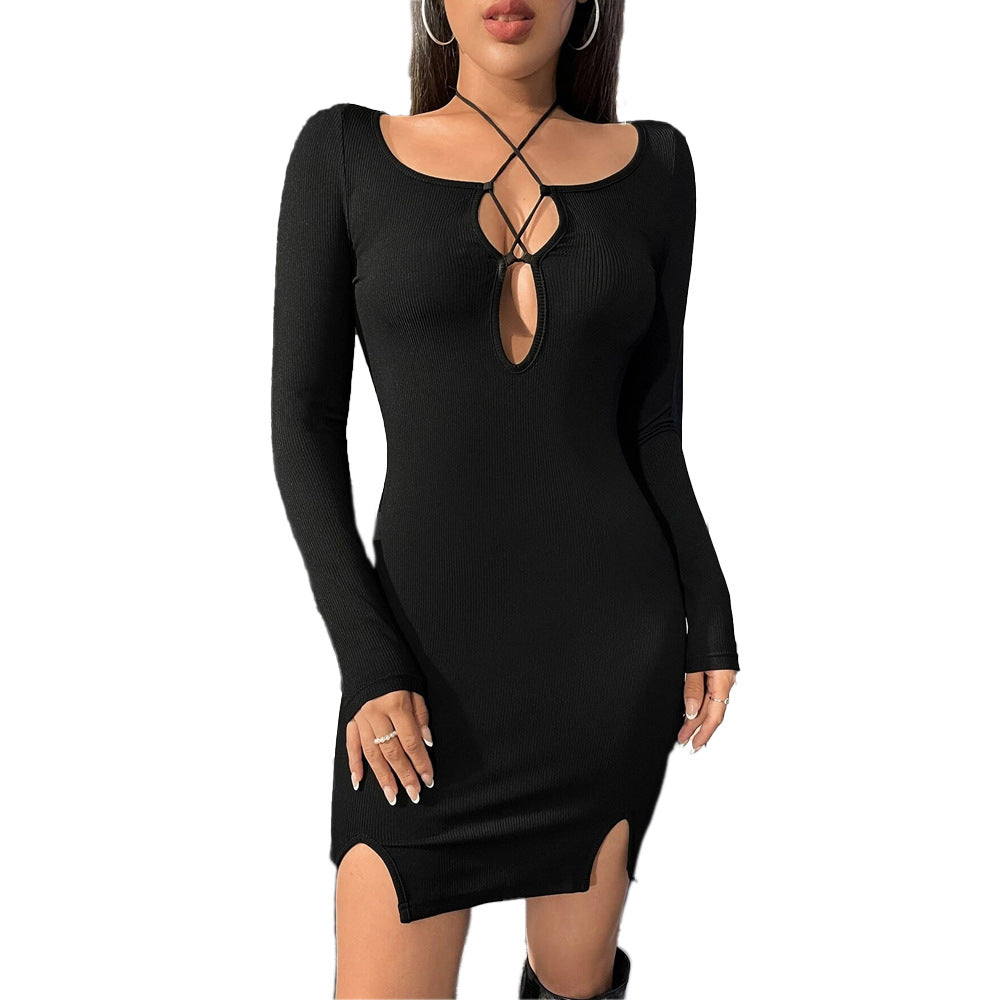 Damen Minikleid mit tiefem Ausschnitt und dekorativen Schnürdetails Drune