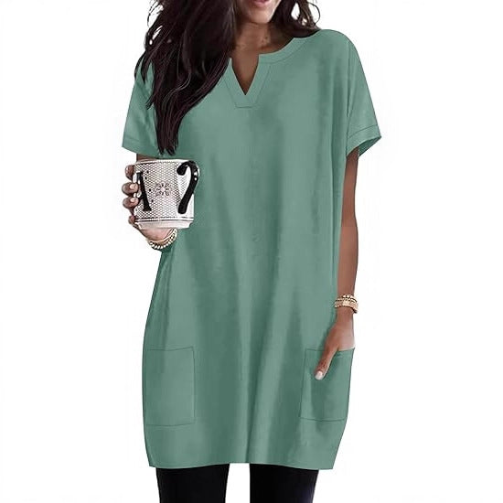Damen lässiges Tunika-Kleid mit V-Ausschnitt und Taschen Drune
