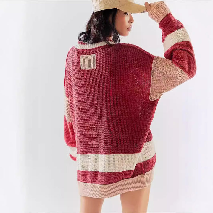 Damen lässiger Strickcardigan mit großen Taschen und stilvollen Kontraststreifen Drune