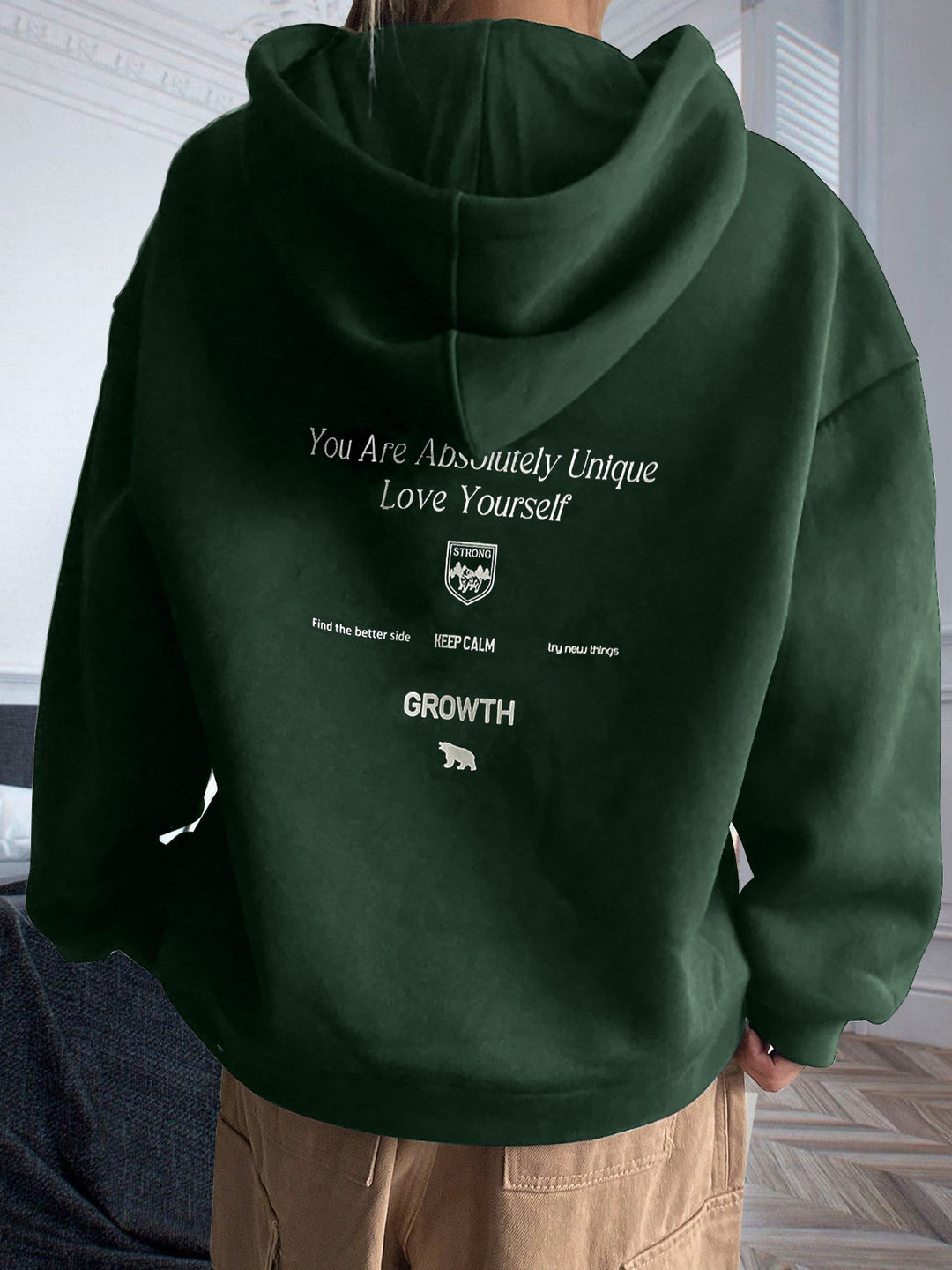 Damen Kapuzenpullover mit motivierendem Schriftzug und bequemer Passform Drune