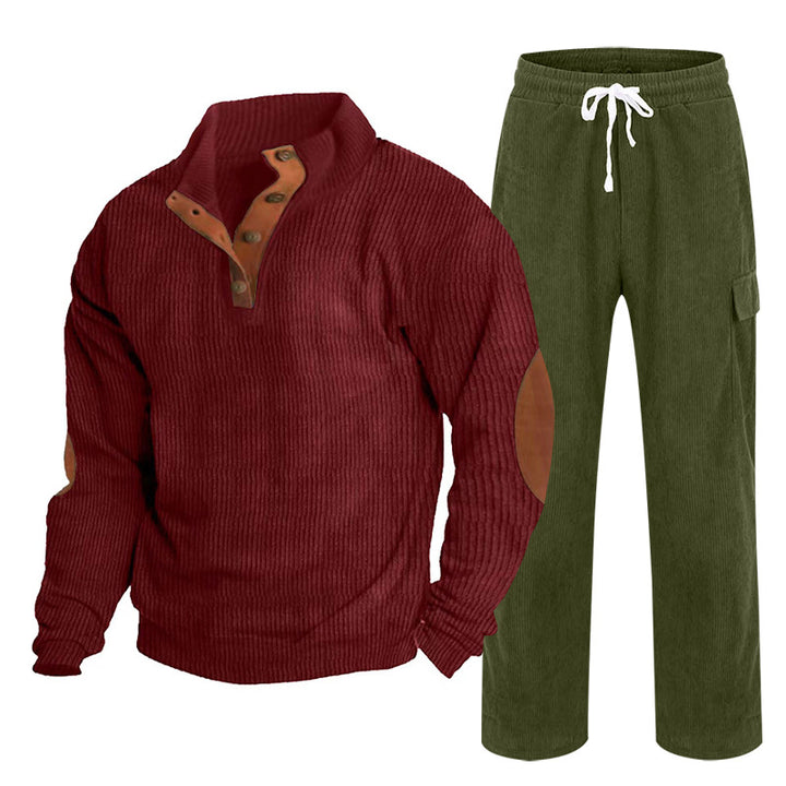 Herren nan strukturiertes Cord-Henley-Loungewear-Set mit Ellenbogenpatches und Cargo-Jogpant Drune