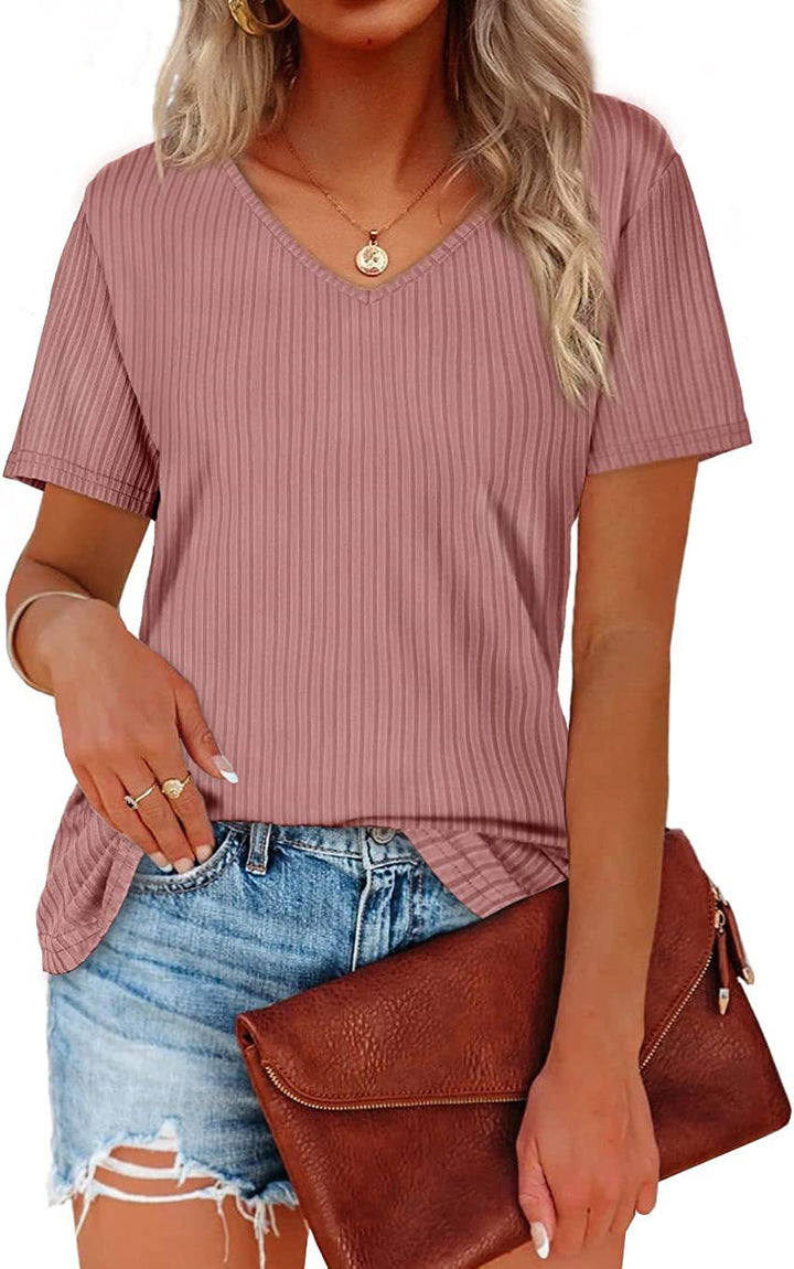 Damen Viskose T-Shirt mit feinem Rippstrickmuster und lässigem V-Ausschnitt Drune