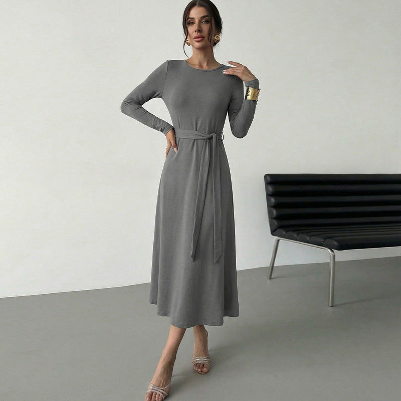 Damen elegantes Midikleid mit tailliertem Gürtel und langem Arm Drune