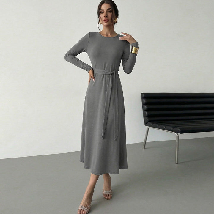 Damen elegantes Midikleid mit tailliertem Gürtel und langem Arm Drune