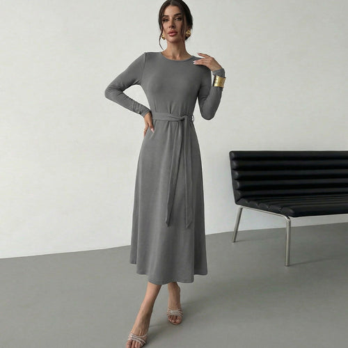 Damen elegantes Midikleid mit tailliertem Gürtel und langem Arm Drune