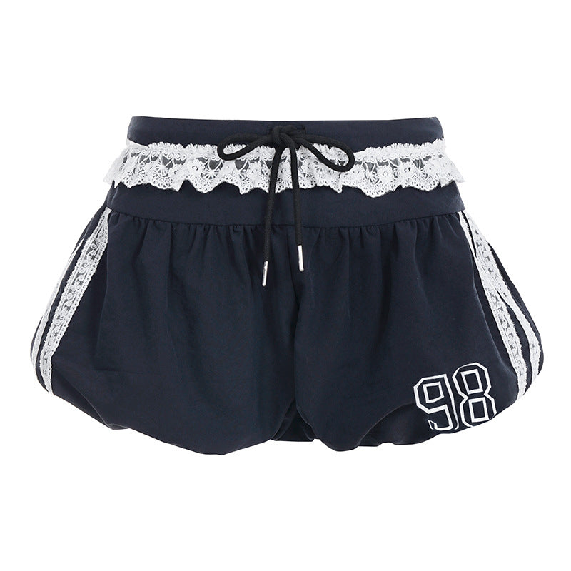Damen sportliche und modische Shorts mit elegantem Spitzenbund und regulierbarem Taillenband Drune