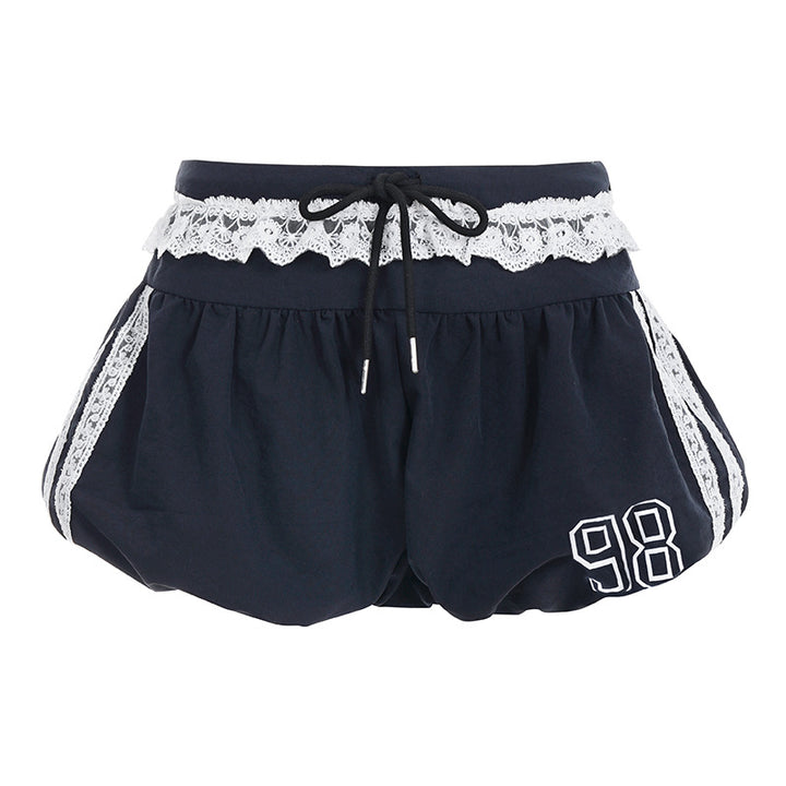 Damen sportliche und modische Shorts mit elegantem Spitzenbund und regulierbarem Taillenband Drune