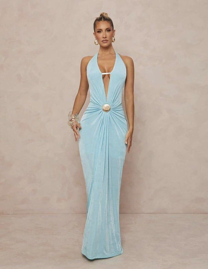 Damen Glamouröses Abendkleid mit tiefem V-Ausschnitt und eleganter Drapierung Drune