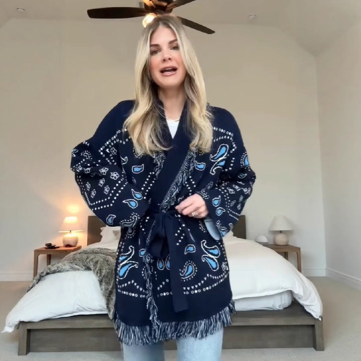 Damen Oversized Kimono-Weste mit raffinierten Fransen und buntem Paisleydruck Drune