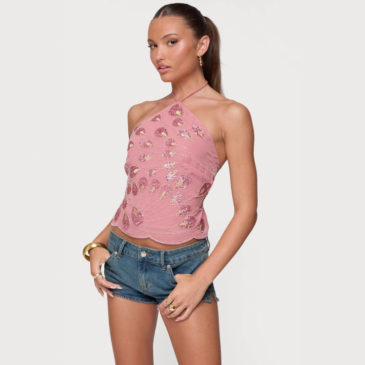 Damen Glitzerndes Halboberteil mit floralen Pailletten und feinen Trägern Drune