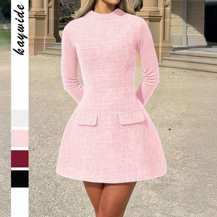Damen nan tailliertes Bouclé-Minidress mit Stehkragen, langen Ärmeln, ausgestelltem Rock und dekorativen Pattentaschen Drune