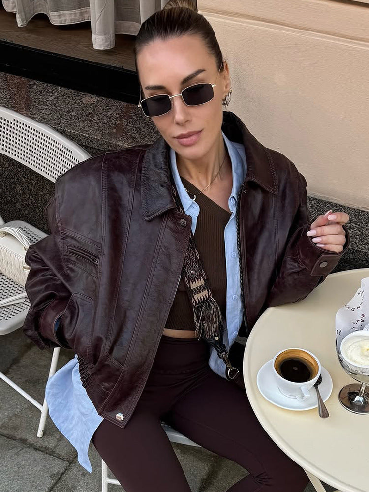 Damen lässige Kunstlederjacke mit oversized Schnitt und praktischen Taschen Drune