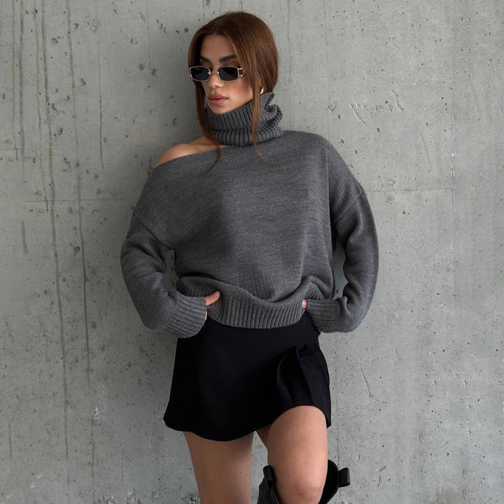 Damen modischer Rollkragenpullover mit schulterfreiem Design und eleganten Rippdetails Drune