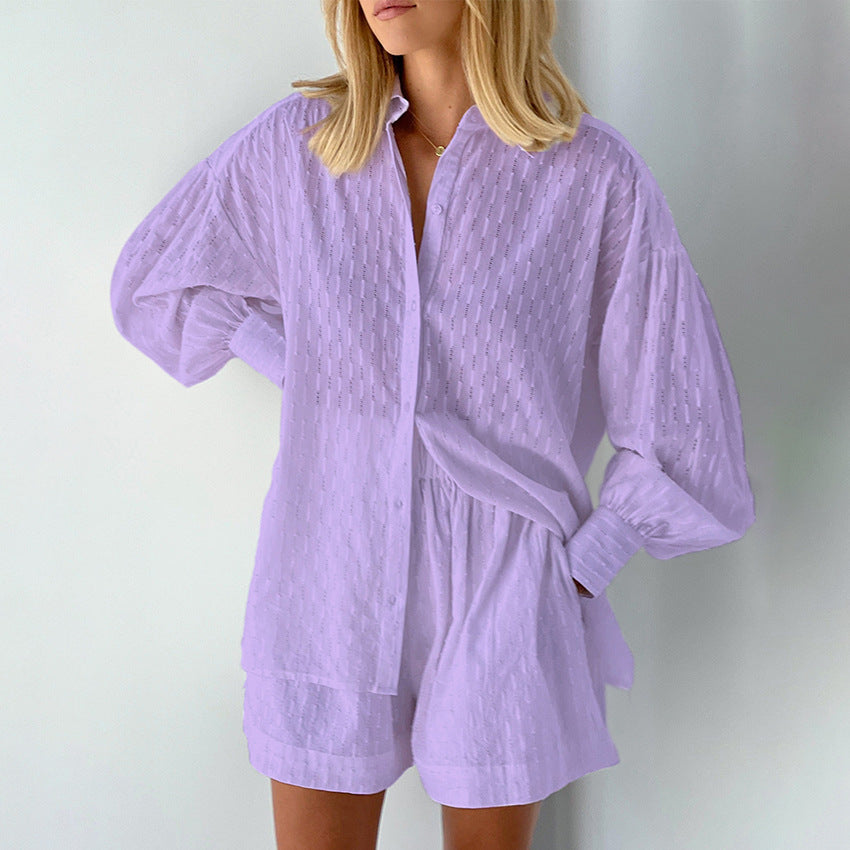 Damen modisches Kurzarm-Pyjama-Set mit strukturierter Oberflächenbeschaffenheit Drune