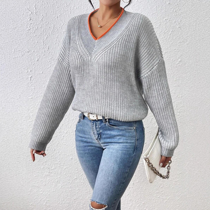 Damen Grobstrickpullover mit modernem V-Ausschnitt und trendigen Farbakzenten Drune