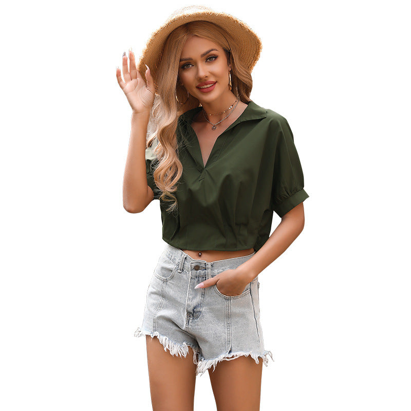Damen Kurzarm Bluse mit lässigem Schnitt und modernem V-Ausschnitt Drune
