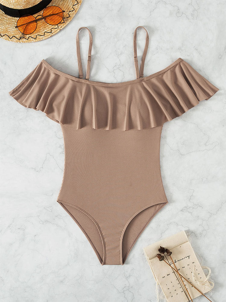 Damen Eleganter Badeanzug mit Volants und schulterfreier Ausschnitt Drune