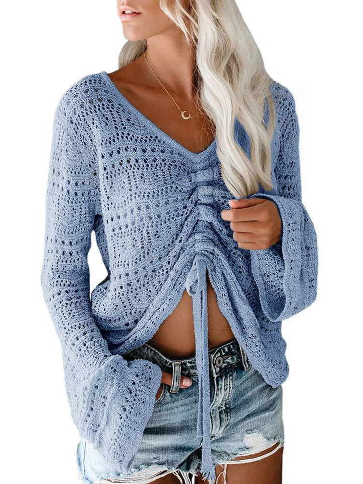 Damen angesagter V-Ausschnitt Pullover mit Raffung Drune