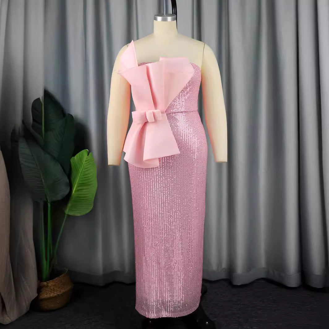 Damen Glänzendes Abendkleid mit asymmetrischem Schnitt und voluminöser Schleifen-Applikation Drune