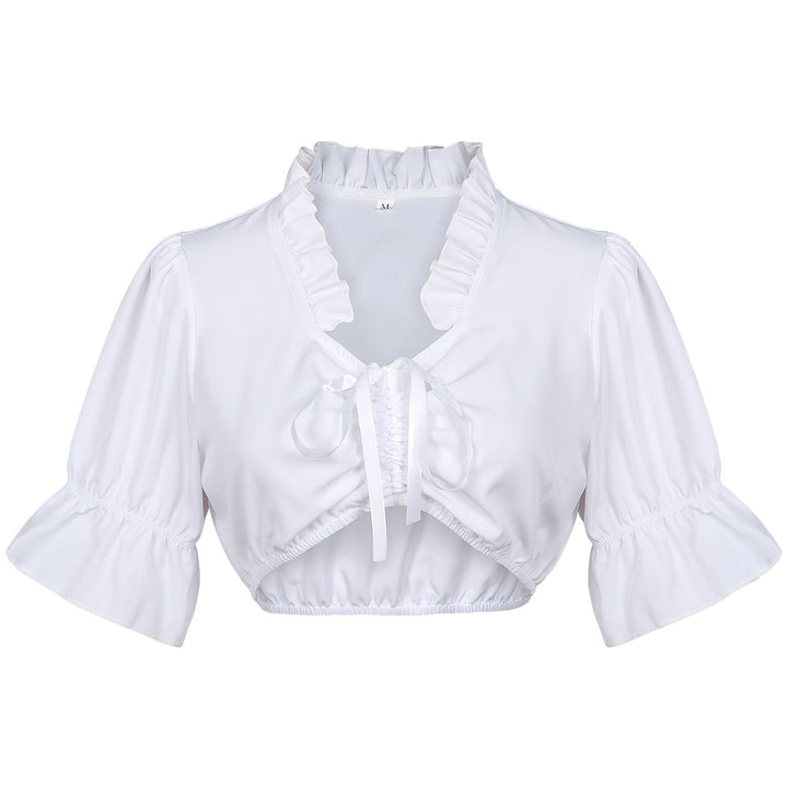 Damen nan Spitzenbolero Bluse mit Stehkragen, 3/4 Ärmeln und Bindeband Drune