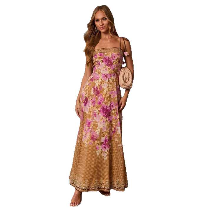 Damen Maxikleid im romantischen Bohemian-Stil mit floralen Akzenten und verstellbaren Trägern Drune